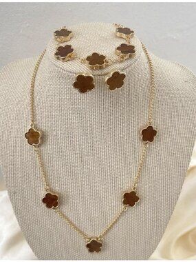 18K Gold Plated Brown Flower Necklace SET Stainless steel Womens Jewelry